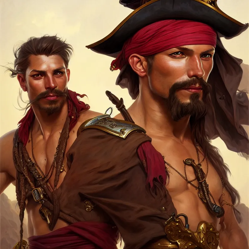 Prompt: , portrait of a 1 male pirate captain of the desert, muscular upper body, D&D, fantasy, intricate, elegant, highly detailed, digital painting, artstation, concept art, smooth, sharp focus, illustration, art by artgerm and greg rutkowski and alphonse mucha