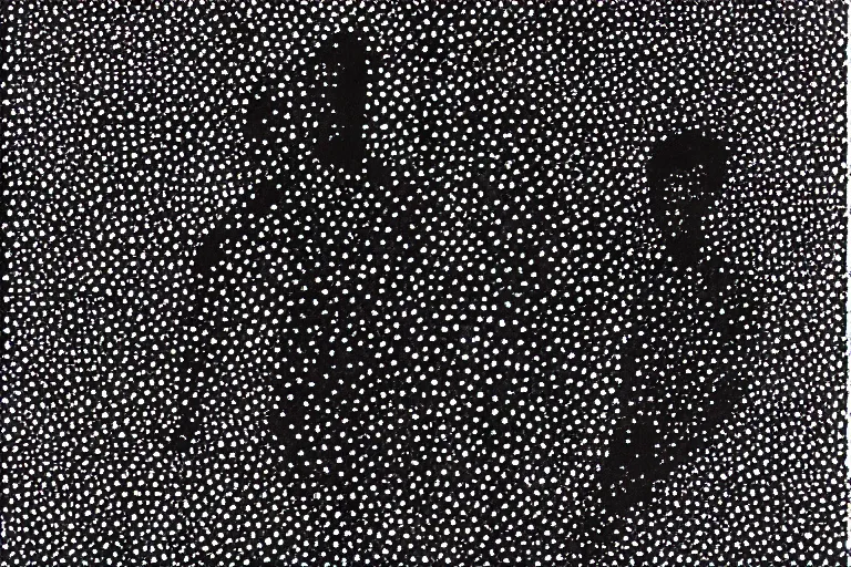 Image similar to black figure, faceless people dark, dots, drip, stipple, pointillism, technical, abstract, minimal, style of francis bacon, asymmetry, pulled apart, cloak, hooded cowl, made of dots, abstract, balaclava, colored dots, sploch