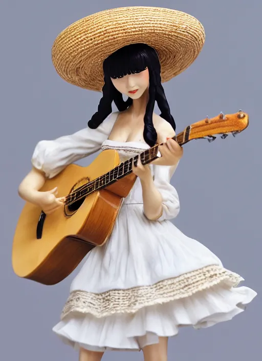 Prompt: Fine Image on the store website, eBay, Full body, 80mm resin figure of a cute girl in straw hat and white dress playing guitar, environmental light from the front