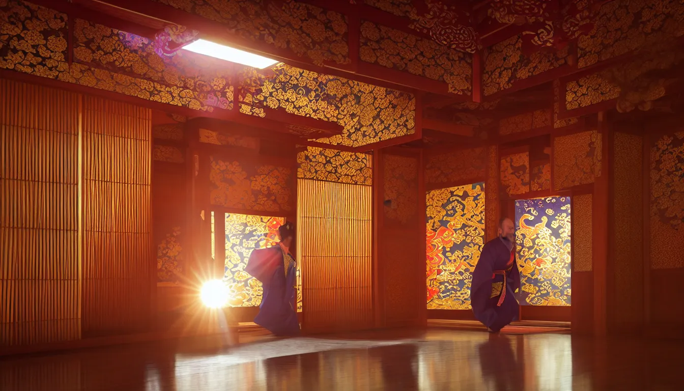 Prompt: volumetric lighting, flowing shimmering fabrics, emerging gong vibrations ,kimono dancers spinning around gracefully, an ancient male bearded face , inside a small highly detailed interesting traditional Japanese Royal ornate temple , sunlight shines through an open doorway , full colour , upscale , 4k