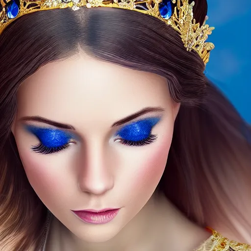 Image similar to a photographic portrait of an fantasy 30 years old princess, with a deep blue sapphire and gold small diadem, seductive look, warmer and softer colours, more tan face, lighter brown hair, open eyes, cinematic light, bokeh, by Danny Battista, canon 50mm, high aperture, artstation