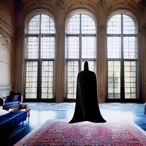 Image similar to Batman standing in giant Italian modern castle living room, clean minimalist design, that is 1300 feet tall, with very tall giant walls filled with modern art paintings, doors that are cosmic portals, photo by Annie Leibovitz