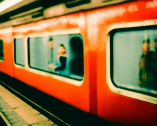 Image similar to a lomography photo of rumble between two chthonic aliens in soviet train this morning, bokeh,