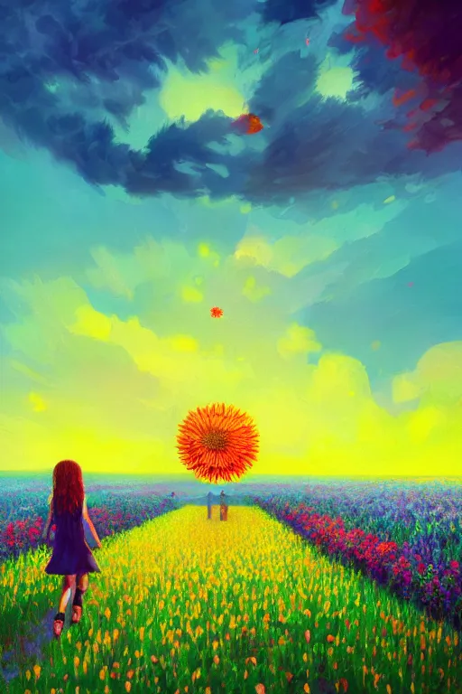 Image similar to giant corn flower head, girl walking in a flower field, surreal photography, sunrise, dramatic light, impressionist painting, colorful clouds, digital painting, artstation, simon stalenhag