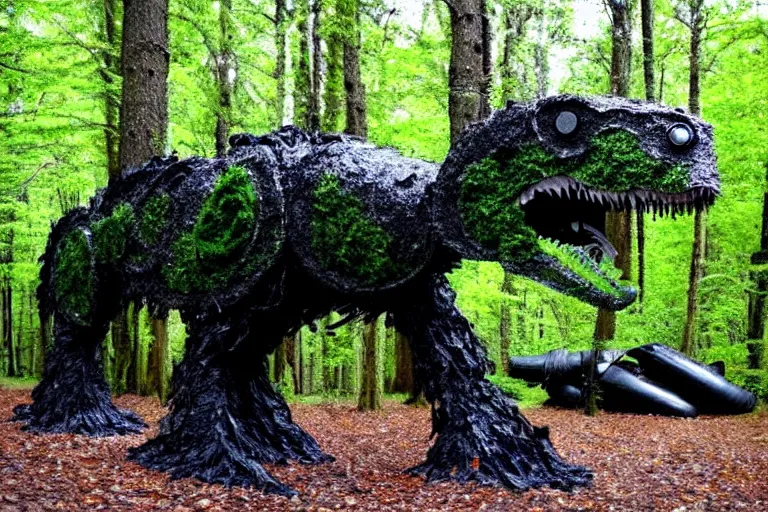 Image similar to mossy recycled tire sculpture of a tyrannosaurus in the forest