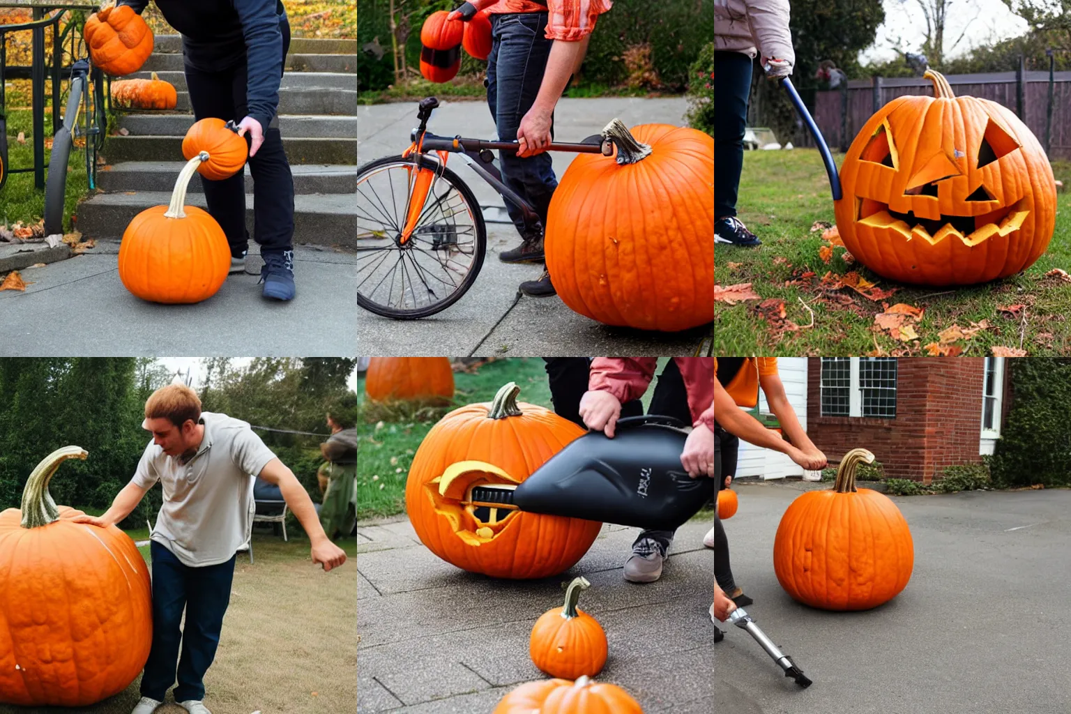 Prompt: a pumpkin being inflated with a 'bicycle pump'