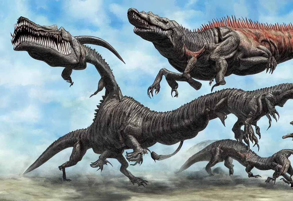Image similar to Very detailed digital painting of a spinosaurus fighting with a t rex