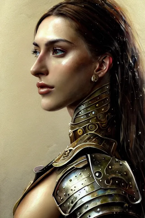 Image similar to a photorealistically painted portrait of an attractive young girl, partially clothed in metal-plated battle armor, abstract watercolor background, flawless olive skin, fair complexion, long dark hair, beautiful bone structure, perfectly symmetric facial features, perfect photorealistic eyes, natural physique, intricate, elegant, digital painting, concept art, finely detailed, beautifully illustrated, sharp focus, minimal artifacts, volumetric lighting, from Metal Gear, by Ruan Jia and Mandy Jurgens and Artgerm and William-Adolphe Bouguerea, in the style of Greg Rutkowski, trending on Artstation, award winning art