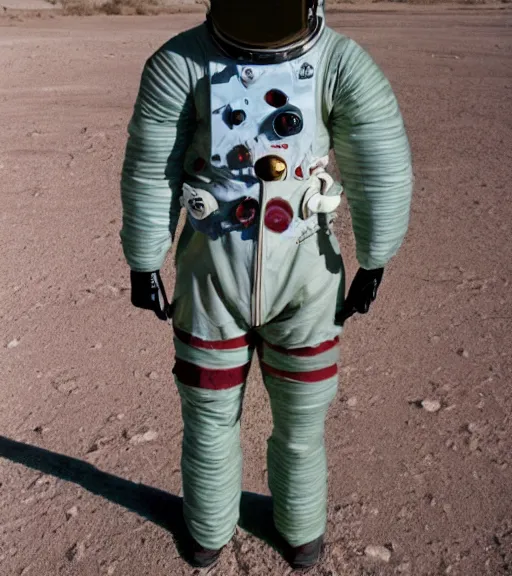 Prompt: A photo of 1980s VR spacesuit designed by US Army, scary athmosphere, dark, single vague light, desert military base at night, slightly desatured colors, Polaroid photo found in the attic