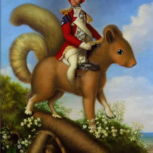 Image similar to a giant fluffy squirrel carrying napoleon bonaparte on its back, beach scene, flowers and foliage, detailed oil painting