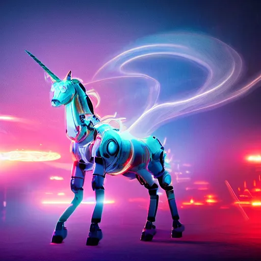 Image similar to a flaming, robotic unicorn, rearing up in front of an endless, digital space, surrounded by drones with cameras, synthwave, dslr photo