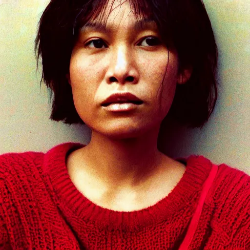 Image similar to filipino woman with short hair wearing an oversized sweater, portrait, colored photo, clear face, by annie liebovitz, david bailey, nan goldin