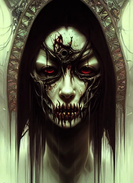 Image similar to symmetry!! portrait of a zombie, horror, moody lights!! intricate, scary, highly detailed, digital painting, artstation, concept art, smooth, sharp focus, illustration, art by artgerm and greg rutkowski and alphonse mucha