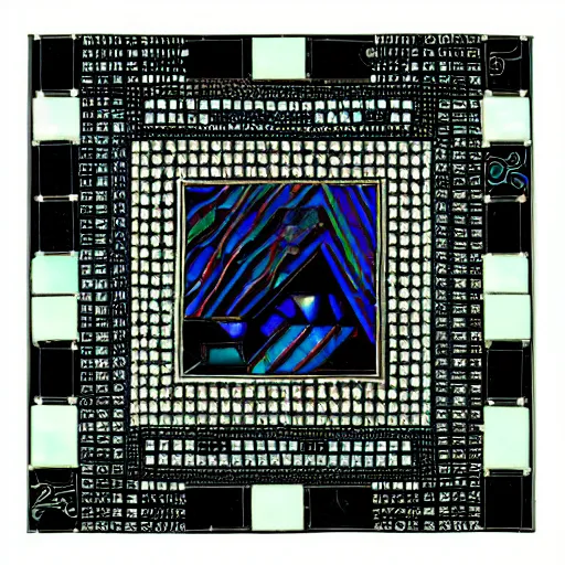 Image similar to black cube on a black background with intricate iridescent mother - of - pearl inlay art in the style of a circuit board