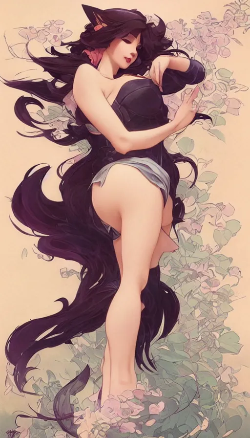 Prompt: ahri in a cute pinup pose by artgerm, greg rutkowski and alphonse mucha, concept art, matte, intricate, full body, epic composition