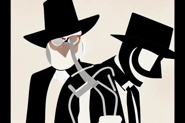 Image similar to poster matte shaded illustration of two donald trumps wearing trench coats and big floppy black spy hats starring in spy vs spy
