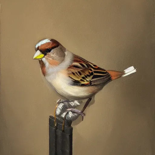 Image similar to an oil paiting of a sparrow perched on a chair, highly detailed, oleo, artstation, sharp focus, by diego velazquez