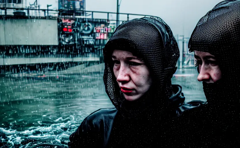 Prompt: cinestill 5 0 d candid photographic portrait by helen levitt of two loving skandinavian female androids wearing rugged black mesh techwear in treacherous waters, extreme closeup, modern cyberpunk moody depressing cinematic, pouring rain, 8 k, hd, high resolution, 3 5 mm, f / 3 2, ultra realistic faces, ex machina