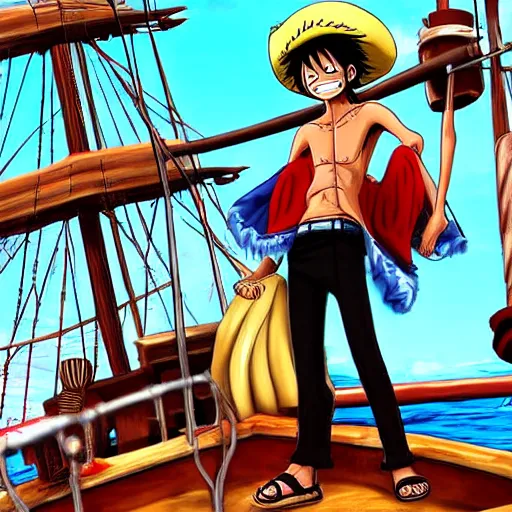 Image similar to monkey d luffy from the anime one piece on a pirate ship