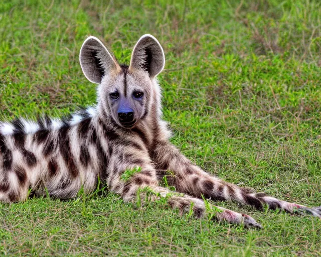 Prompt: striped hyena laying in between the green in savannah, sunset, far - shot