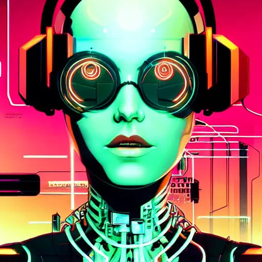 Image similar to a portrait of a beautiful cybernetic woman connected to a synthesizer from hell, wires, cyberpunk concept art by josan gonzales and jean claude meziere and syd mead