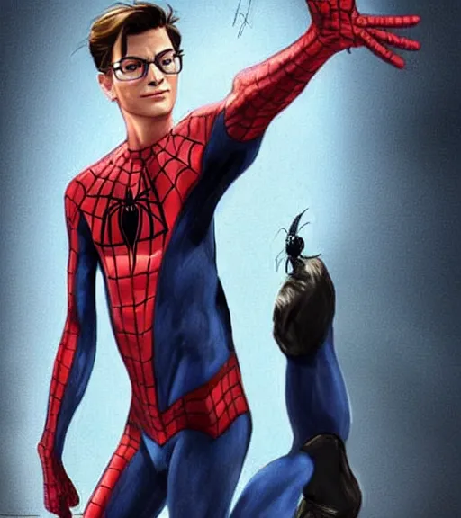 Image similar to very handsome peter parker with his spider suit removed to his waist, looking seductive, digital art, realistic