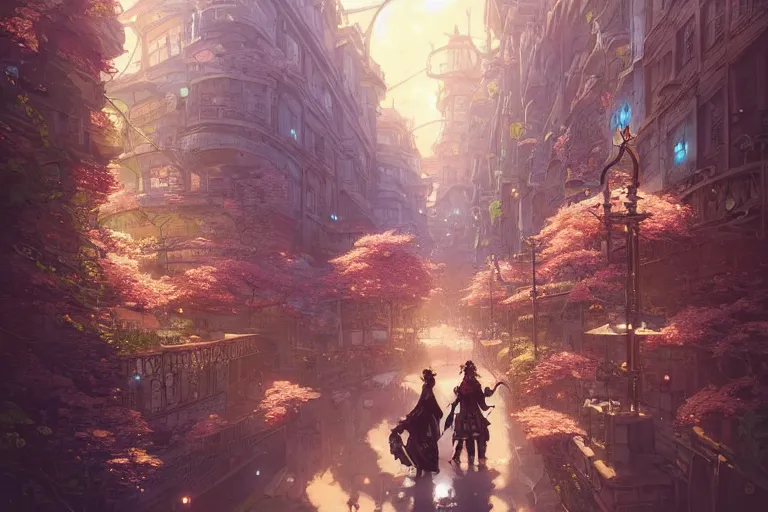 Image similar to steampunk city, cherry blossoms, unreal engine, fantasy art by greg rutkowski, loish, rhads, ferdinand knab, makoto shinkai and lois van baarle, ilya kuvshinov, rossdraws, tom bagshaw, global illumination, radiant light, detailed and intricate environment