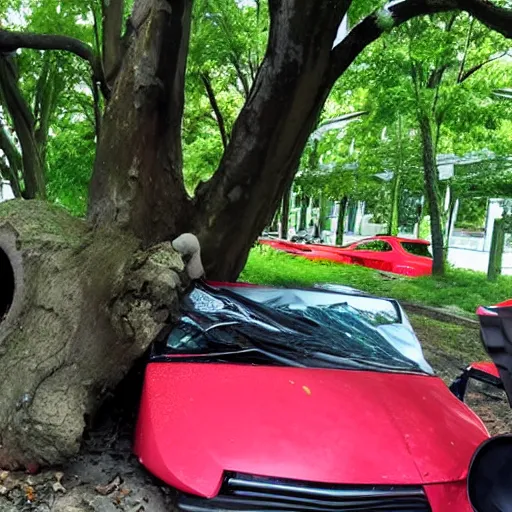 Image similar to The car from outrun gane crashed into a tree