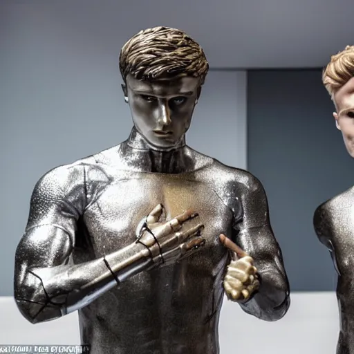 Prompt: a realistic detailed photo of a guy who is an attractive humanoid who is half robot and half humanoid, who is a male android, soccer players martin ødegaard & timo werner, shiny skin, posing like a statue, blank stare, in a museum, on display, showing off his muscles, gold soccer shorts, no jersey, statue, many copies of them