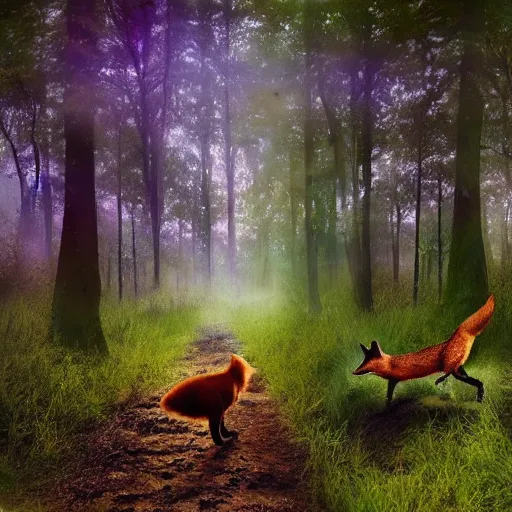 Image similar to an enchanting forest, foxes stand on their hind legs, look at the sky and wave goodbye with their forelegs. there is a purple unidentified flying object in the sky. fantasy. realistic photo. very clear shots.