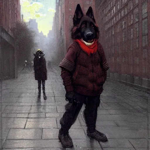 Image similar to new york city portrait of furry anthro anthropomorphic german shepard head animal person fursona wearing clothes cybernetic muzzle sad gloomy in the alley, sunny day, digital art by Nerdrum John, William Waterhouse, Winslow Homer, Alex Heywood, Jordan Grimmer, Darren Quach, Greg Rutkowski, Simon Stalenhag, trending on Artstation, CGSociety