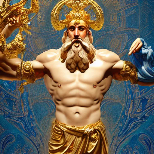 Prompt: Zeus, God, Character Design, Digital Art, Gold Light, Blue Mist, 8K, insanely detailed and intricate, ornate, hyper realistic, super detailed, Artstation, Octane render, in the style of James Jean