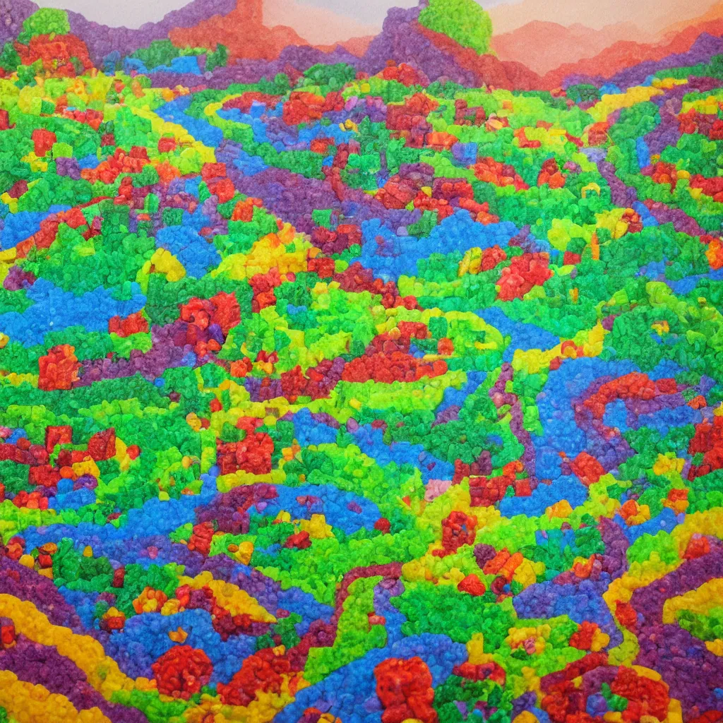 Prompt: painting of the countryside created entirely with gummy bears