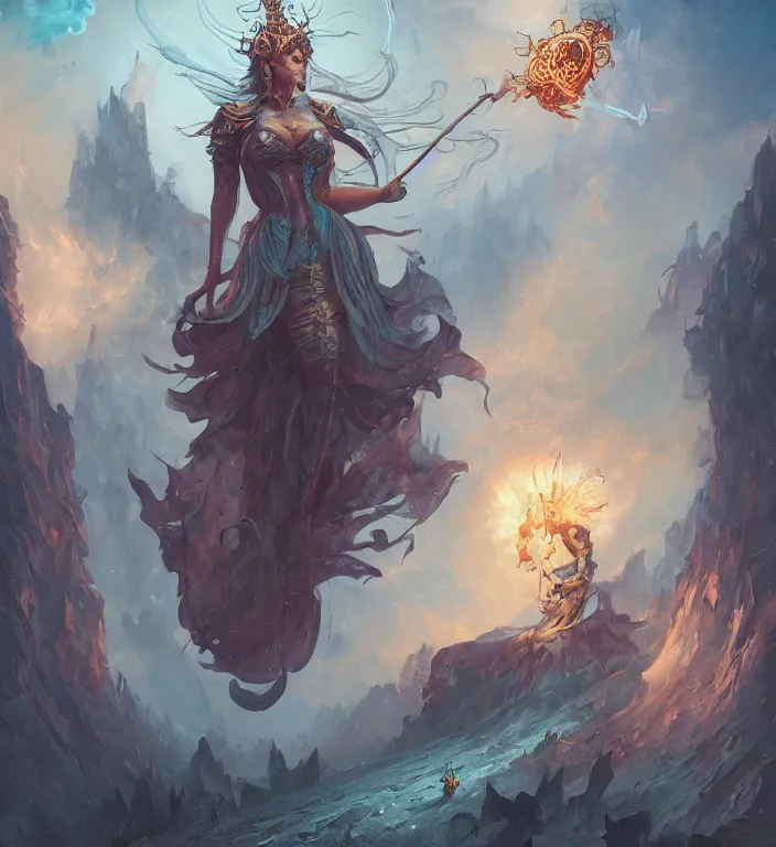 Image similar to full body illustration of a goddess, tarot card, dark souls colour scheme, establishing shot, coherent, high detailed, peter mohrbacher, kerem beyit, Karol Bak, Chris Cold, james gurney, dan mumford, featured on artstation