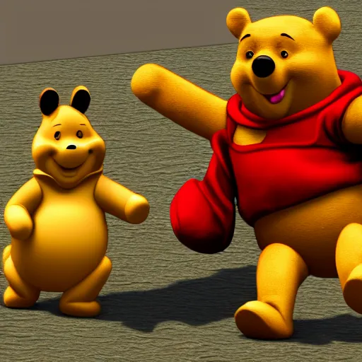 Prompt: Winnie the Pooh wearing armor, holding a giant sword, ps2 graphic, 3d render, video game