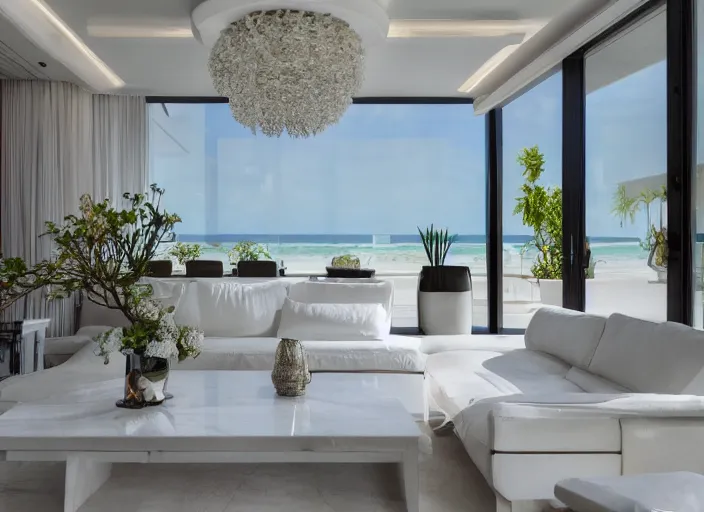 Image similar to interior photo of a modern beach mansion with a beautiful couch next to a white marble table on top of which there are magnificent flowers, highly detailed, hd, 4k