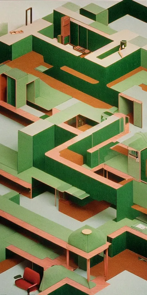 Image similar to huge sprawling gargantuan angular dimension of infinite indoor landscape 7 0 s green velvet and wood with metal office furniture. surrealism, mallsoft, vaporwave. muted colours, 7 0 s office furniture catalogue, shot from above, endless, neverending epic scale by escher and ricardo bofill