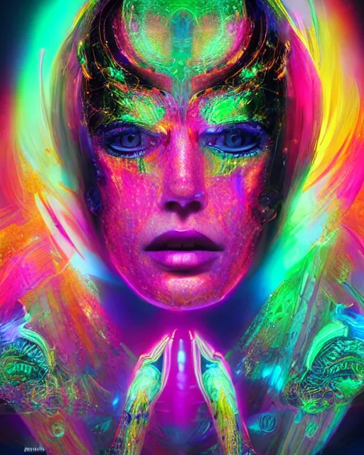 Image similar to a powerful energy psychedelic matrix queen, by alexander fedosav, hyper detailed digital matte painting, concept art, hyperrealism, 1 6 k resolution, cinema 4 d, 8 k resolution, trending on artstation, behance hd, a masterpiece, by stephan martiniere, particles, cel - shaded, power bright neon energy, by david a. hardy,