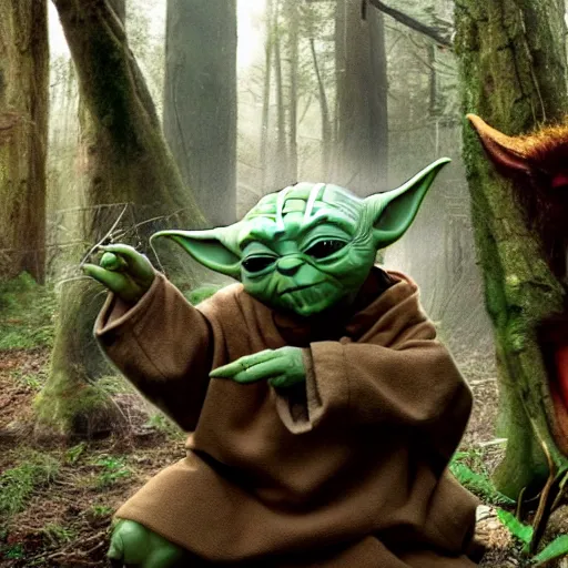 Image similar to stunning awe inspiring, many members of yoda's species interacting with strange creatures and performing rituals, award winning nature photo, 8 k