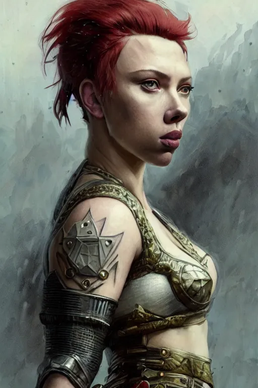 Image similar to scarlet johansson, legendary warrior, heroic fighter, dungeons & dragons, tattoos, decorative ornaments, battle armor, by carl spitzweg, ismail inceoglu, vdragan bibin, hans thoma, greg rutkowski, alexandros pyromallis, perfect face, detailed, sharply focused, centered, rule of thirds, realistic shading