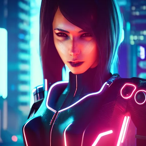 Image similar to An epic comic hyperrealistic full body shot portrait cg of a cyber warrrior girl wearing futuristic wardrobe, black and reddis, ultradetailed face expression trending on artstation and artbreeder, cyberpunk 2077 color, heavy rainning at tokyo night, neon light rooftop, unreal 5, DAZ, 8k, unreal 5 engine render, cosplay, RPG portrait, final fantasy Vll world concept, dramatic lighting, rim lights, PS5 render quality