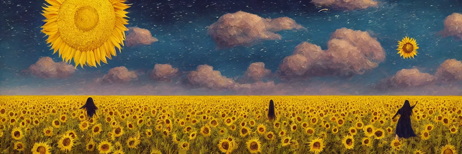 Image similar to giant sunflower as a head, girl walking in wheat field, hills, surreal photography, dark night, star trails, dramatic light, impressionist painting, clouds, digital painting, artstation, simon stalenhag