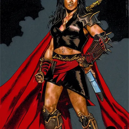 Image similar to a muscular bronze - skinned black - haired woman warrior wearing xena armor and a red cape, on a hostile planet, highly detailed, ron cobb, moebius, heavy metal magazine, mike mignola, trending on art station, illustration, comic book