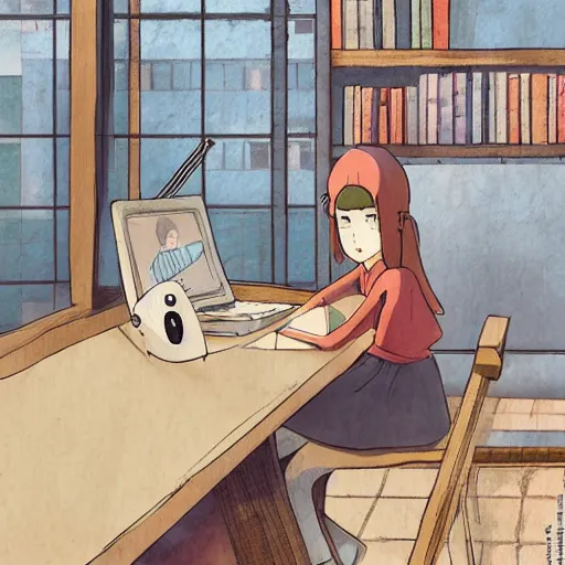 Prompt: Lofi girl studying in a coffee shop, in the style of hayao Miyazaki