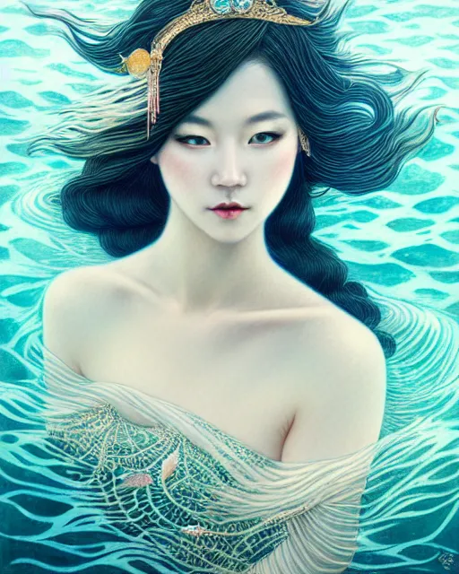 Prompt: portrait of a beautiful lady of the oceanic nature, graceful beauty, ocean nature aesthetics, head in focus, intricate, elegant, painterly, artstation, artistic, concept art, hasselbrad photography, sharp focus, illustrative, art style by chie yoshii