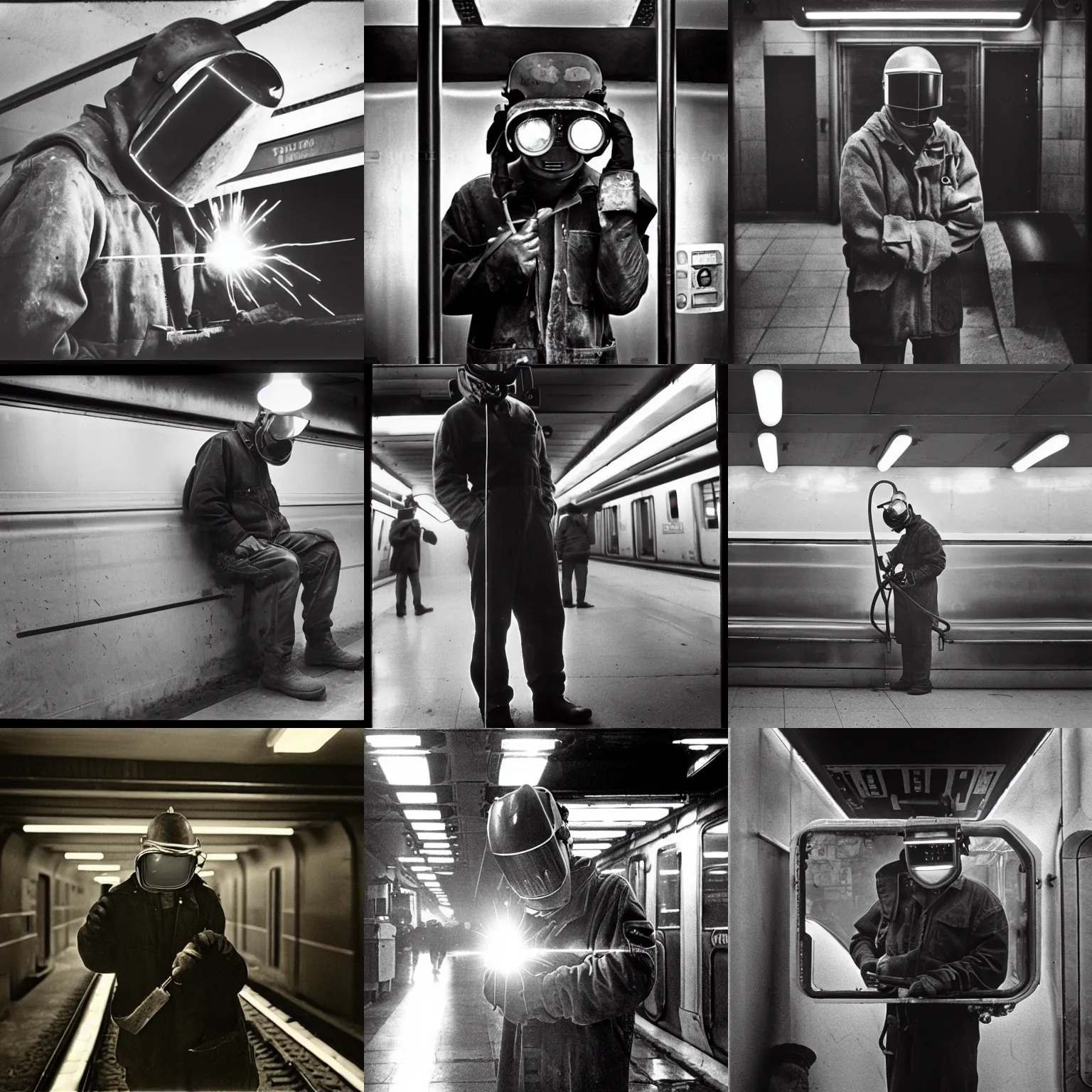 Prompt: welder in welding mask in a subway, by richard avedon, tri - x pan stock