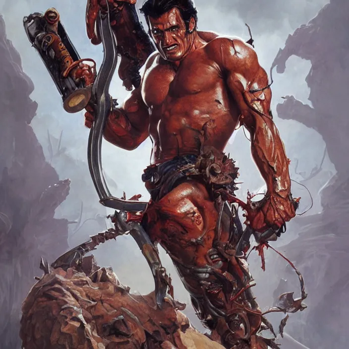 Prompt: Ash Williams from The evil dead, manowar album, Muscular man, chainsaw attached to hand, ripping demon torso, blood, artstation, concept art, smooth, sharp focus, highly detailed, illustration, art by artgerm and greg rutkowski and alphonse mucha