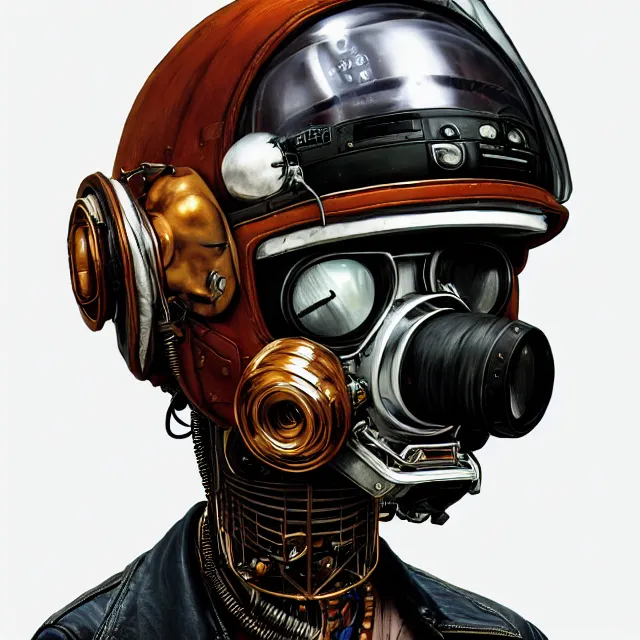 Image similar to a portrait of an anthropomorphic cyberpunk orangutan in a motorcycle helmet by sandra chevrier, detailed render, tape deck, boombox, headphones, epic composition, cybernetics, 4 k realistic, cryengine, realistic shaded lighting, sharp focus, masterpiece, by matteo scalera, gary montalbano, peter elson in the style of the tokyo ghost comic