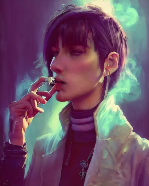 Prompt: portrait of a brunette cyberpunk hippie smoking a tobacco pipe | highly detailed | very intricate | symmetrical | professional model | cinematic lighting | award - winning | painted by mandy jurgens | pan futurism, dystopian, bold colors, cyberpunk, anime aesthestic | featured on artstation