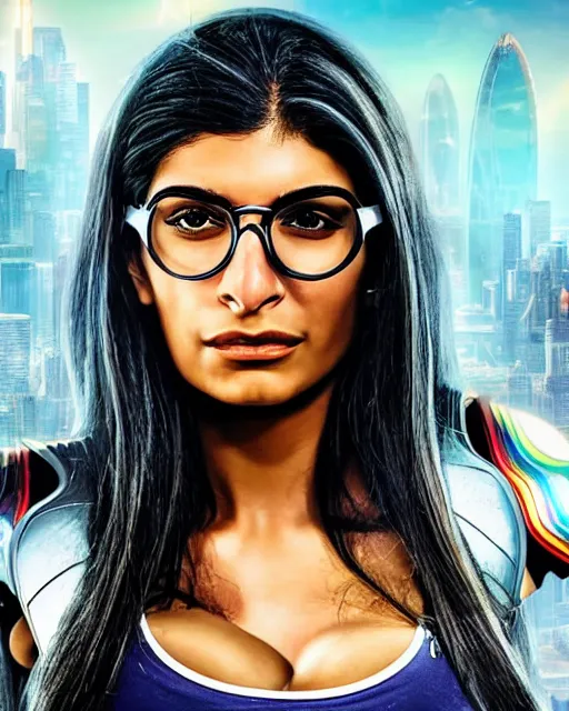 Image similar to Mia Khalifa as a cyborg, octane render, iridescent accents, kingdom come by Alex Ross